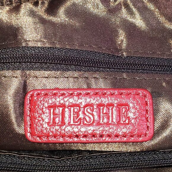 HESHE Women's Red Leather Designer Top Handle Crossbody Shoulder Bag 1342 - Picture 14 of 16